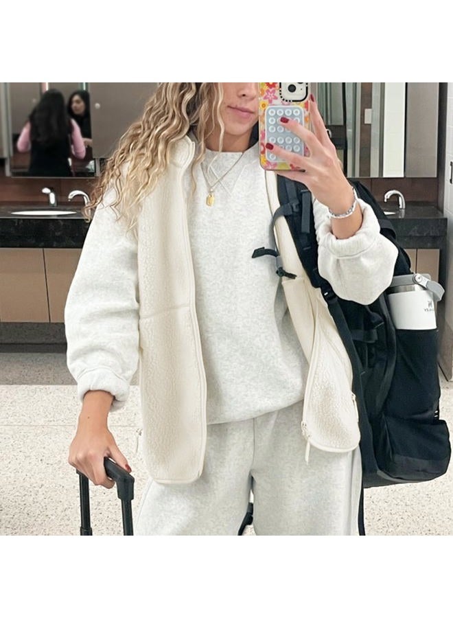 SeeLuNa Trendy Fleece Vest Women Mock Neck Sleeveless Sherpa Jacket Full Zipper Overcoat Warm Outwear Gilet with Pockets, Beige, M - Image 3