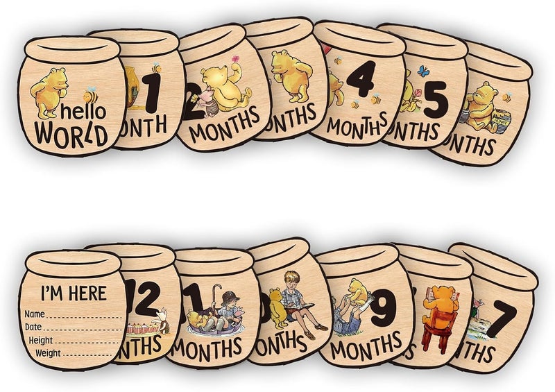 Al Raied ARS® Baby Bear Month Milestone Circles - Wooden Honey Pot Shaped Photo Props with 'Hello, World' Name Signs - Image 1