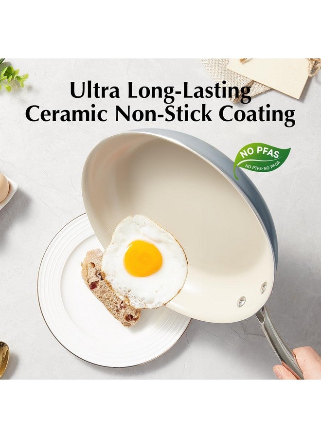 Redchef طقم مقالي سيراميك غير لاصق من ريد شيف، مقالي سيراميك غير سامة للطهي، مقاس 8 بوصات، 9.5 بوصات، 11 بوصة، خالية من PFAS وPTFE وPFOA، بمقبض من الفولاذ المقاوم للصدأ، آمنة للاستخدام في غسالة الأطباق والفرن حتى 842 درجة فهرنهايت (أزرق) - Image 2