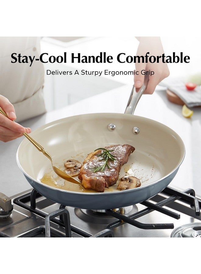 Redchef طقم مقالي سيراميك غير لاصق من ريد شيف، مقالي سيراميك غير سامة للطهي، مقاس 8 بوصات، 9.5 بوصات، 11 بوصة، خالية من PFAS وPTFE وPFOA، بمقبض من الفولاذ المقاوم للصدأ، آمنة للاستخدام في غسالة الأطباق والفرن حتى 842 درجة فهرنهايت (أزرق) - Image 4