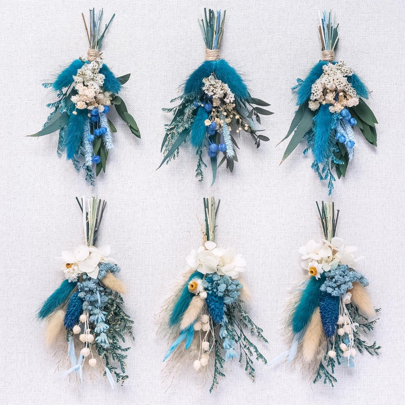 xin's convey Mini Dried Flower Bouquet (Pack of 6)  Dried Flower Bouquet for Bohemian Wedding Table Centerpieces  Dried Pampas Grass  Groom and Best Man Boutonnieres  Dried Cake Flowers. (Grey Blue) - Image 1