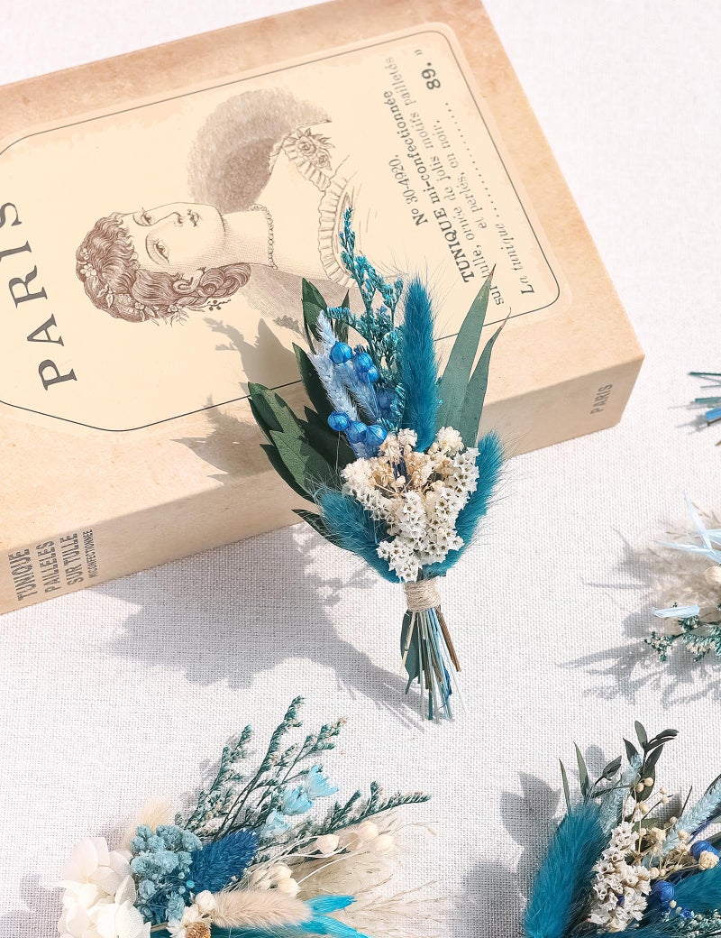 xin's convey Mini Dried Flower Bouquet (Pack of 6)  Dried Flower Bouquet for Bohemian Wedding Table Centerpieces  Dried Pampas Grass  Groom and Best Man Boutonnieres  Dried Cake Flowers. (Grey Blue) - Image 5