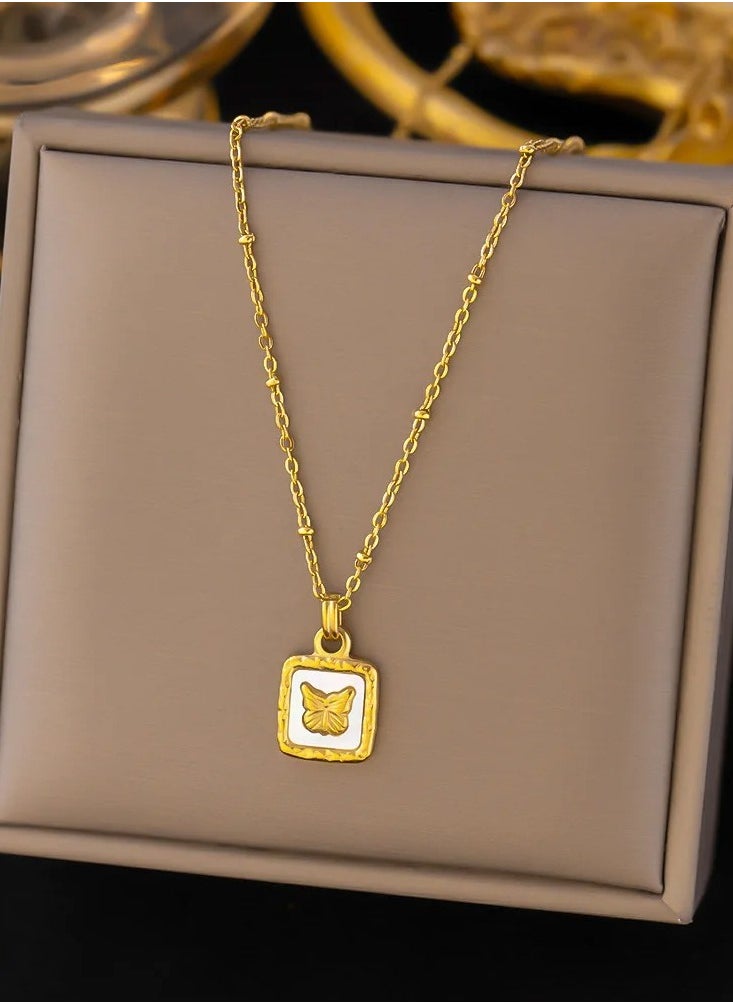 The Black Pearl Accessories - Stainless Steel Golden Necklace with a Butterfly Pendant White - Image 1