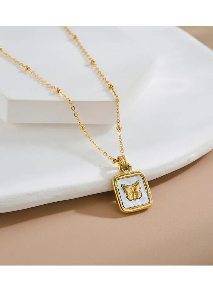 The Black Pearl Accessories - Stainless Steel Golden Necklace with a Butterfly Pendant White - Image 1