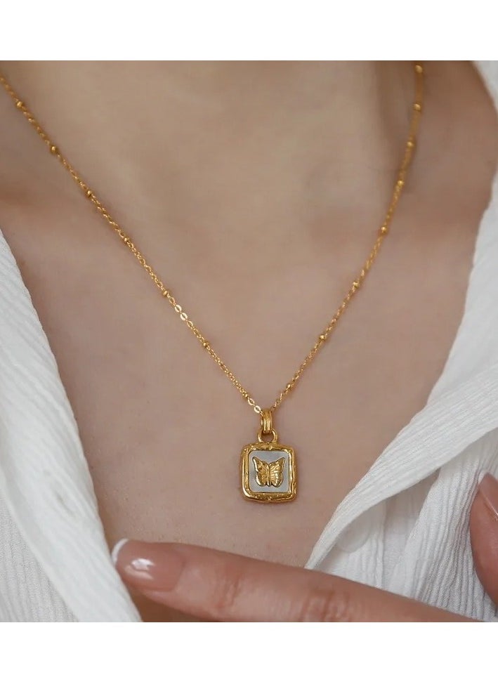 The Black Pearl Accessories - Stainless Steel Golden Necklace with a Butterfly Pendant White - Image 1