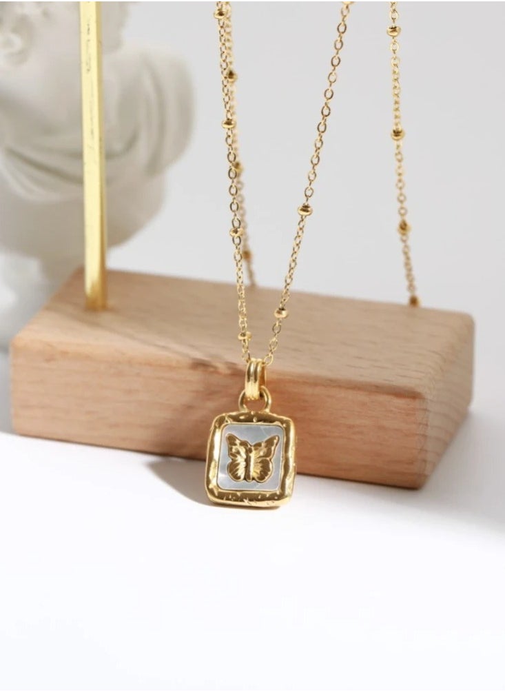 The Black Pearl Accessories - Stainless Steel Golden Necklace with a Butterfly Pendant White - Image 1