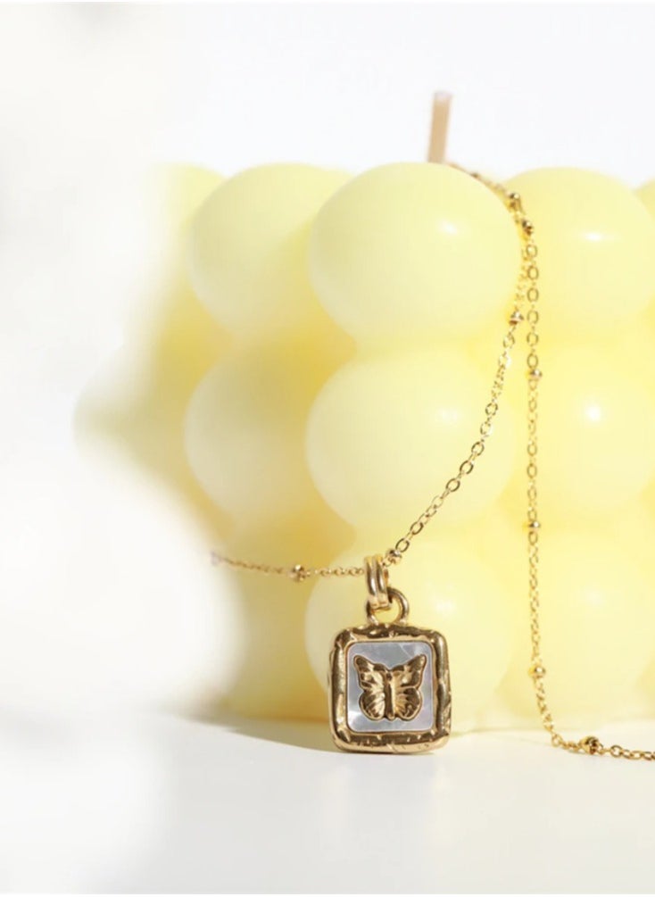 The Black Pearl Accessories - Stainless Steel Golden Necklace with a Butterfly Pendant White - Image 1