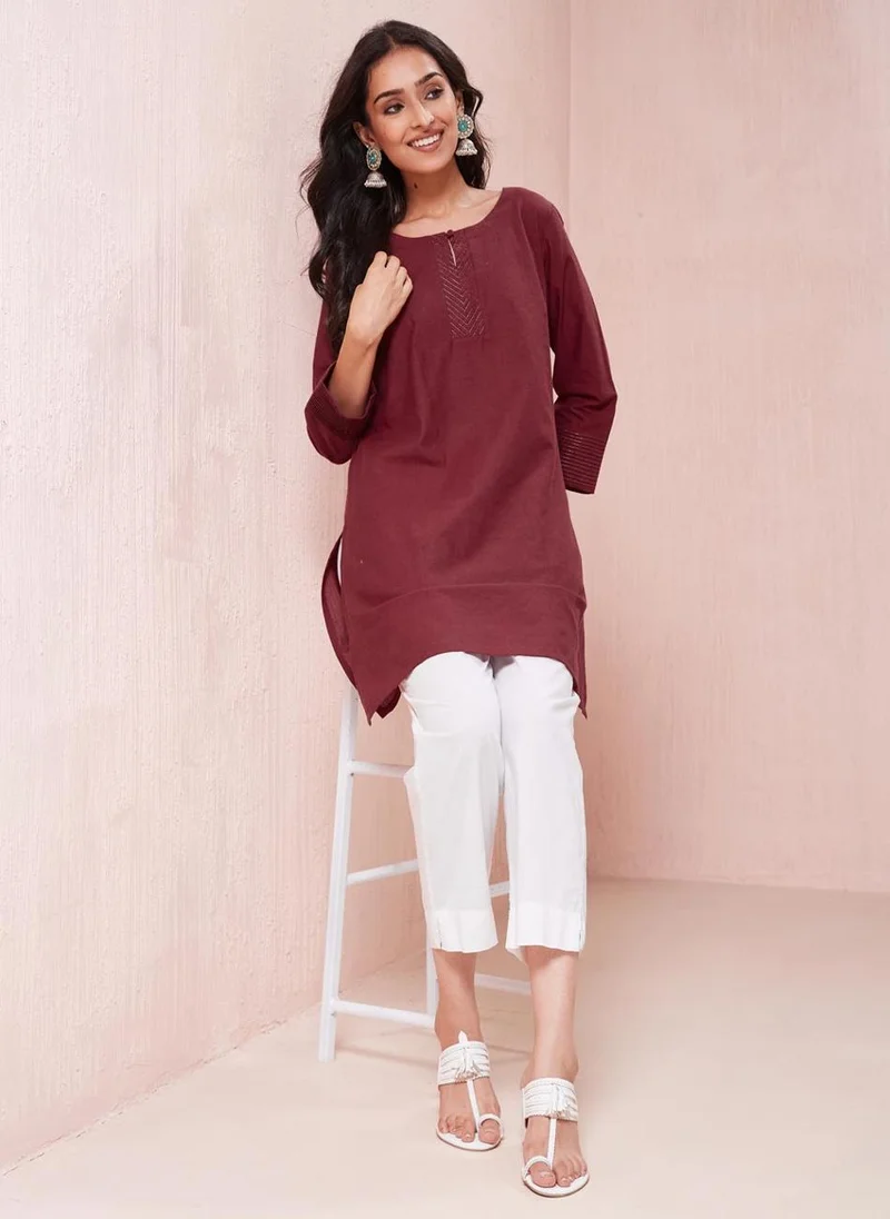 Fabindia Maroon Cotton Slim Fit Kurta Short