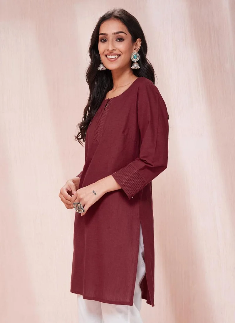 Fabindia Maroon Cotton Slim Fit Kurta Short