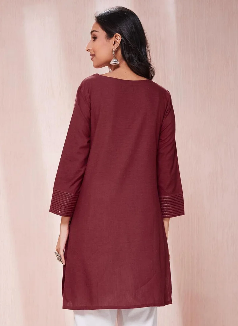Fabindia Maroon Cotton Slim Fit Kurta Short