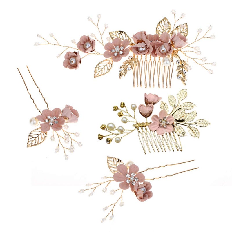 NUOBESTY 4Pcs Wedding Hair Clip Comb Handmade Bridal Hair Clip Pearl Floral Leaf Hair Accessories for Women Wedding Pink