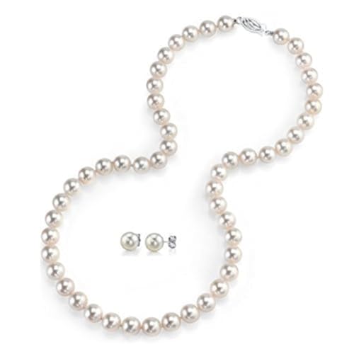 The Pearl Source قلادة وأقراط لؤلؤ حقيقي من ذا بيرل سورس للنساء بجودة AAAA مجموعة من لؤلؤ المياه العذبة المستزرع المستدير الأبيض مع مشبك من الذهب عيار 14 قيراط هدايا للذكرى السنوية - Image 1