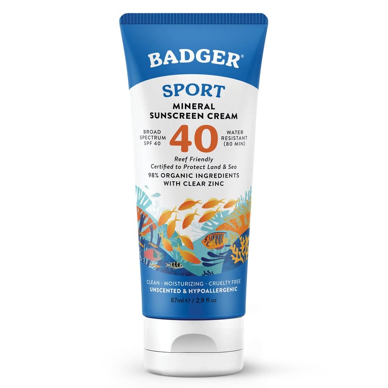 واقي شمس بادجر آمن للشعاب المرجانية، غير معطر SPF 40 واقي شمس معدني رياضي، 98% عضوي، واقي شمس زنك مقاوم للماء، معتمد لشعاب هاواي والمكسيك، 2.9 أونصة سائلة