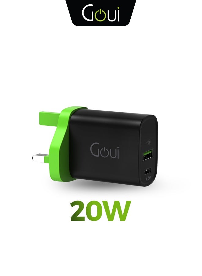 جوي شاحن الجدار ميني PD 20W - شاحن سفر مدمج ذو منفذين مع تقنية Power Delivery (PD) وتقنية Qualcomm Quick Charge (QC) لشحن سريع للهواتف الذكية، الأجهزة اللوحية، وأجهزة USB أسود - Image 1