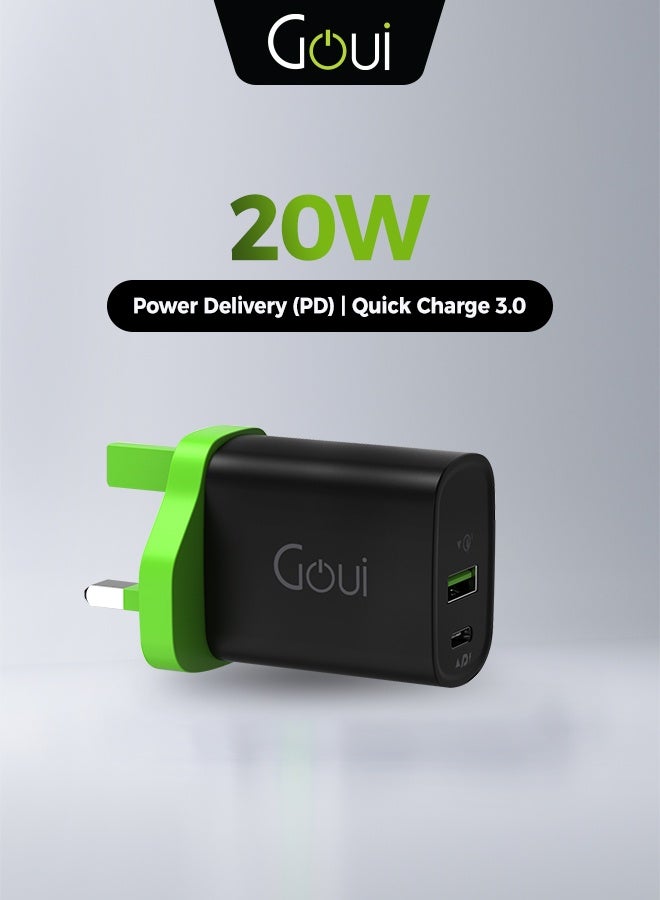 جوي شاحن الجدار ميني PD 20W - شاحن سفر مدمج ذو منفذين مع تقنية Power Delivery (PD) وتقنية Qualcomm Quick Charge (QC) لشحن سريع للهواتف الذكية، الأجهزة اللوحية، وأجهزة USB أسود - Image 1