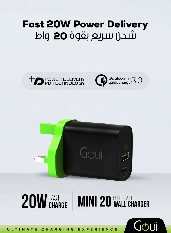 جوي شاحن الجدار ميني PD 20W - شاحن سفر مدمج ذو منفذين مع تقنية Power Delivery (PD) وتقنية Qualcomm Quick Charge (QC) لشحن سريع للهواتف الذكية، الأجهزة اللوحية، وأجهزة USB أسود - Image 2