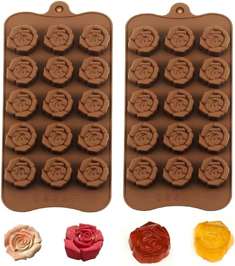 BAMUTU 2PCS Rose Flower Chocolate Molds 15 Cavity Silicone Candy Molds Non-Stick Sweet Valentines Day Molds Gummy Ice Jelly Molds for Wax Melt Resin Casting Candles Soap - Image 1