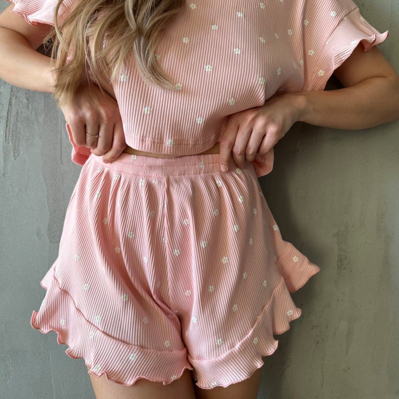 Cross-border 2024 Summer European and American Womens Casual Printed Set Lotus Leaf Short-sleeved Crewneck Shorts Pajamas Two-piece Set Pink  - Image 1