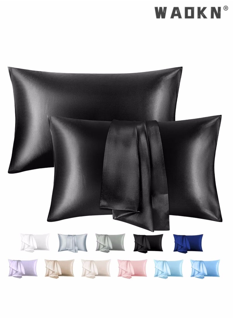 WAOKN 2-Piece Silk Pillowcase for Hair and Skin,- Allergen Resistant Dual Sides,Soft,Breathable and Sliky Silk Pillowcases King Set of 2,Silk Pillow Cases with Hidden Zipper,Soft Breathable (51*102CM,Black)  - Image 2