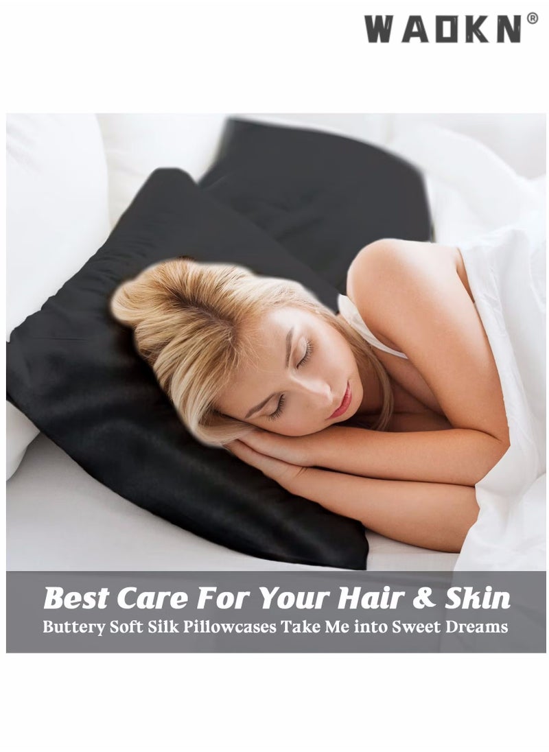 WAOKN 2-Piece Silk Pillowcase for Hair and Skin,- Allergen Resistant Dual Sides,Soft,Breathable and Sliky Silk Pillowcases King Set of 2,Silk Pillow Cases with Hidden Zipper,Soft Breathable (51*102CM,Black)  - Image 3