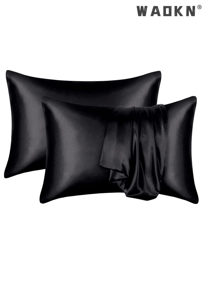 WAOKN 2-Piece Silk Pillowcase for Hair and Skin,- Allergen Resistant Dual Sides,Soft,Breathable and Sliky Silk Pillowcases King Set of 2,Silk Pillow Cases with Hidden Zipper,Soft Breathable (51*102CM,Black)  - Image 1