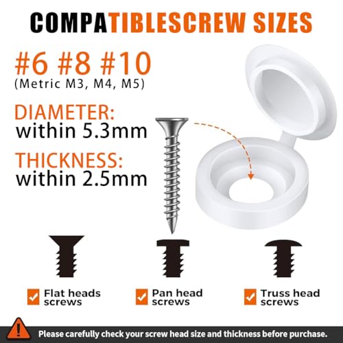 Serplex® 300Pcs Plastic Hinged Screw Cap Covers, Flip Tops for Protecting Screw Heads, for Home & Industrial Use (White) - Image 3