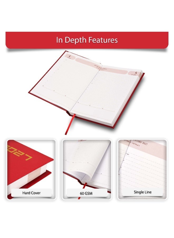 FIS 2027 Agenda Diary, 170x240mm Size, Hard Cover Vinyl Material, 1 Day a Page, English, 60gsm White Paper, Maroon Cover - FSDI75EV27MR - Image 3