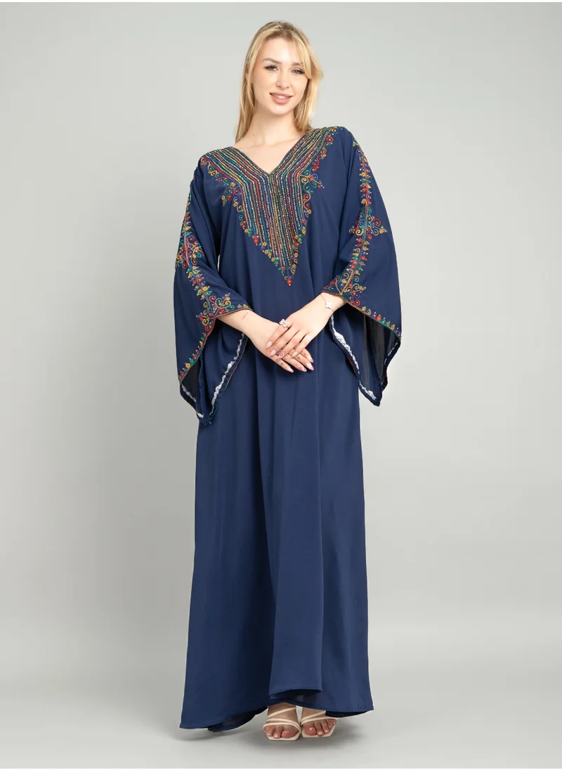 IKKXA Solid Embroidery Elegant Jalabiya XJ1004 Blue