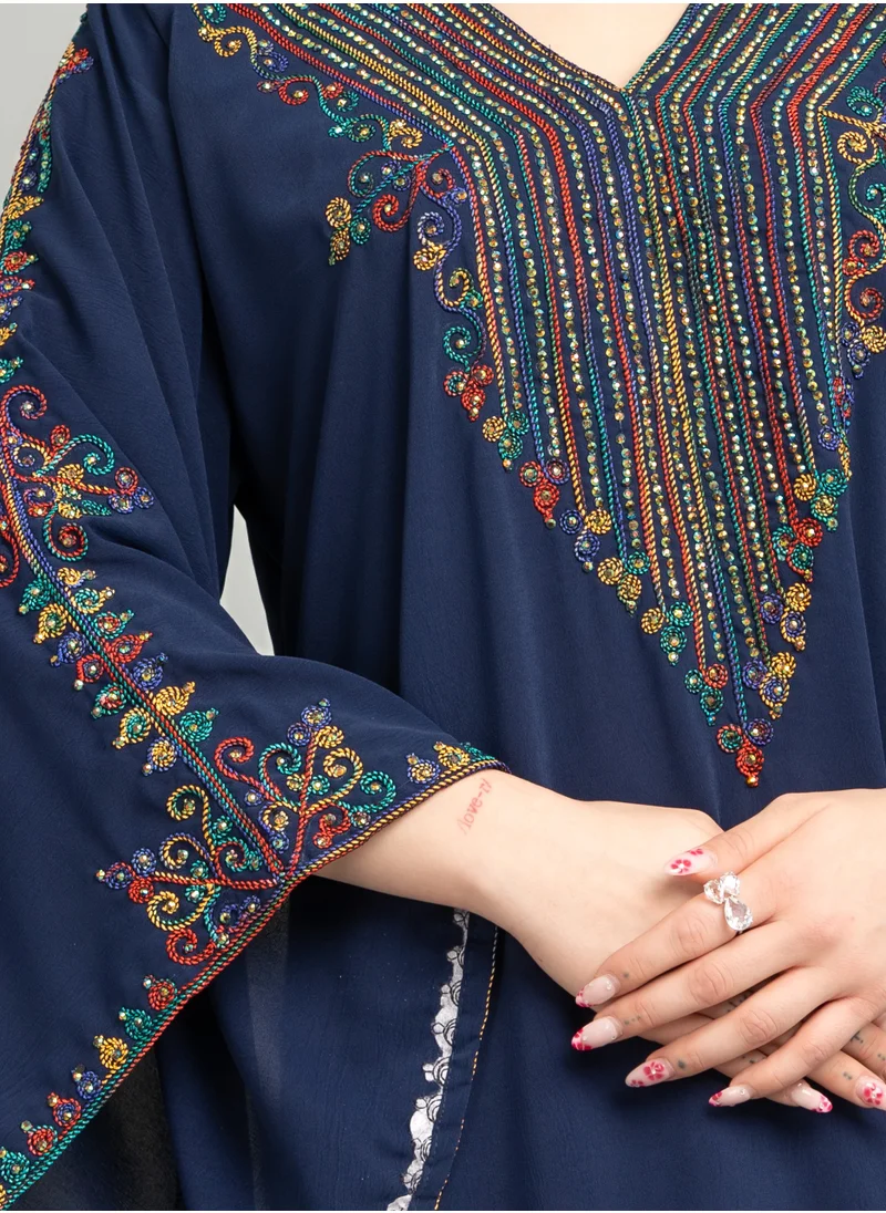 IKKXA Solid Embroidery Elegant Jalabiya XJ1004 Blue