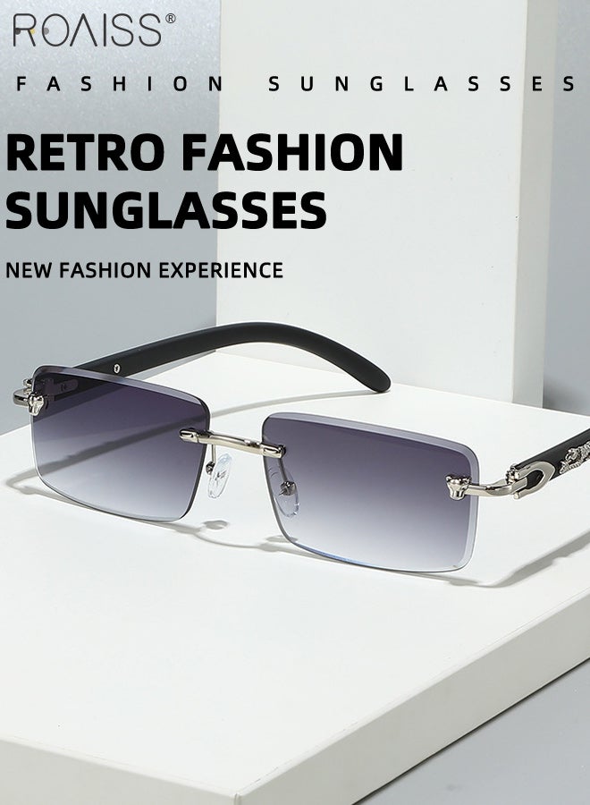 roaiss Fashionable Rectangular Sunglasses for Men, Cheetah Decorated Rimless Sun Glasses, UV400 Protection, Outdoor Anti-glare Sun Shades for Outdoor Party Street Photography - Image 2