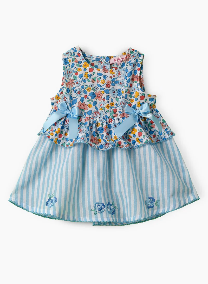 Jelliene Girls Blue Floral & Stripe Layered Cotton Dress