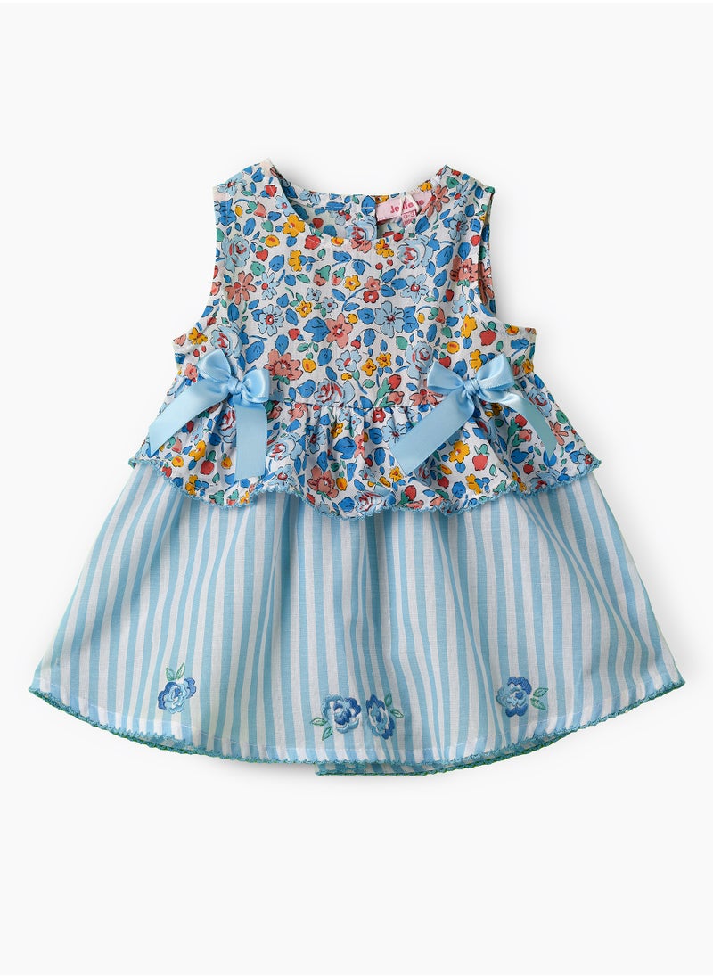 Jelliene Girls Blue Floral & Stripe Layered Cotton Dress  - Image 1
