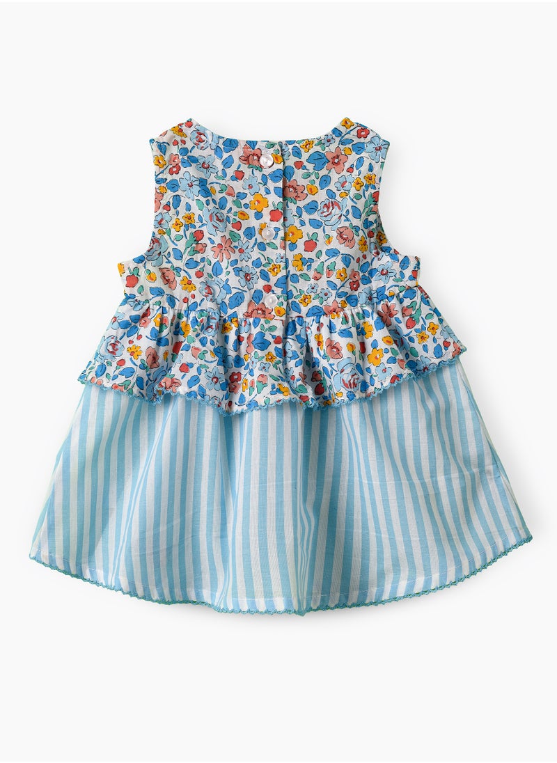 Jelliene Girls Blue Floral & Stripe Layered Cotton Dress  - Image 2