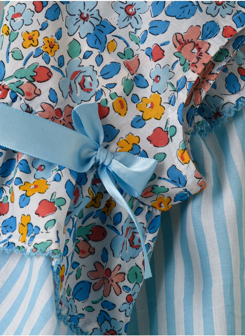 Jelliene Girls Blue Floral & Stripe Layered Cotton Dress  - Image 4