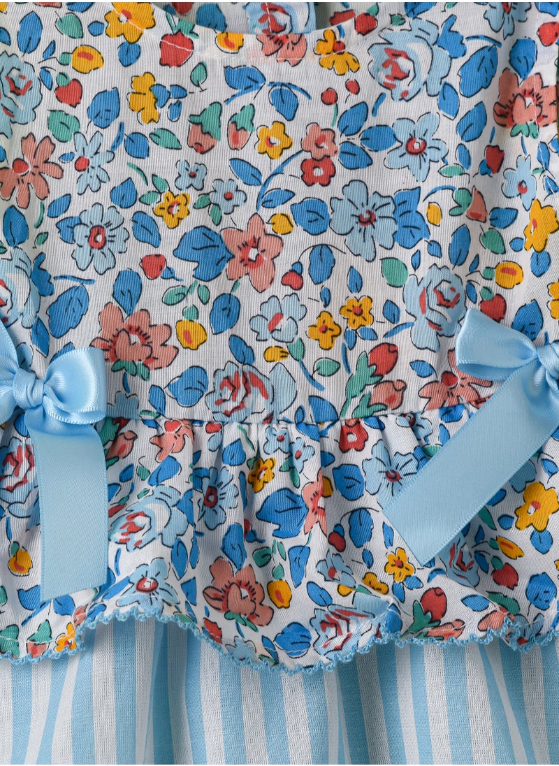 Jelliene Girls Blue Floral & Stripe Layered Cotton Dress  - Image 3