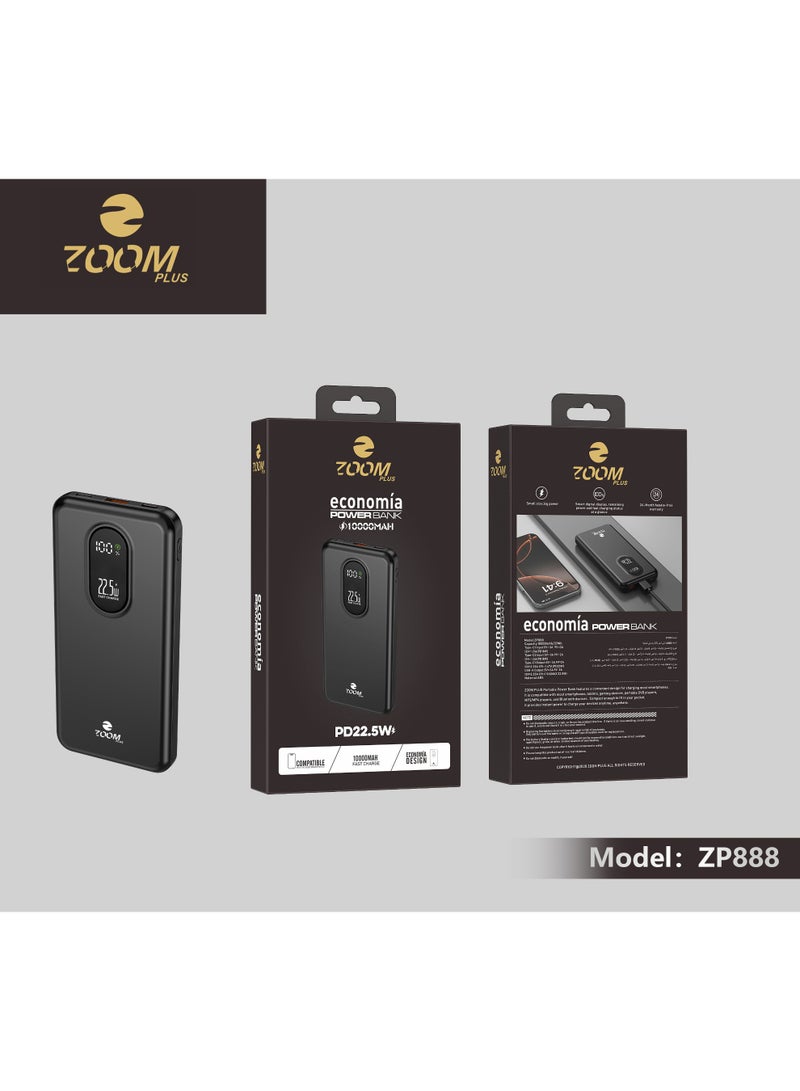 ZOOM PLUS ZP888 Economia Power Bank 10000mAh PD 22.5W Fast Charging with LED Digital Display, Slim Portable Powerbank for Smartphones, Tablets & USB Devices