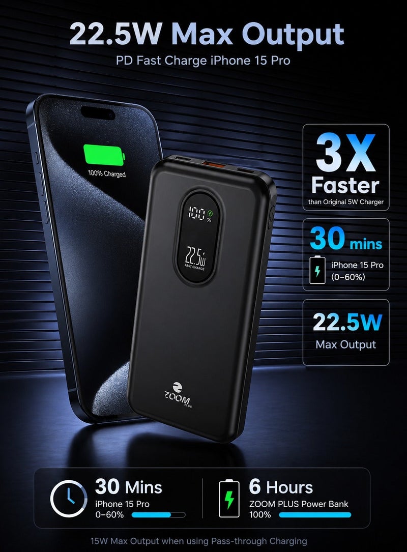 ZOOM PLUS ZP888 Economia Power Bank 10000mAh PD 22.5W Fast Charging with LED Digital Display, Slim Portable Powerbank for Smartphones, Tablets & USB Devices - Image 1