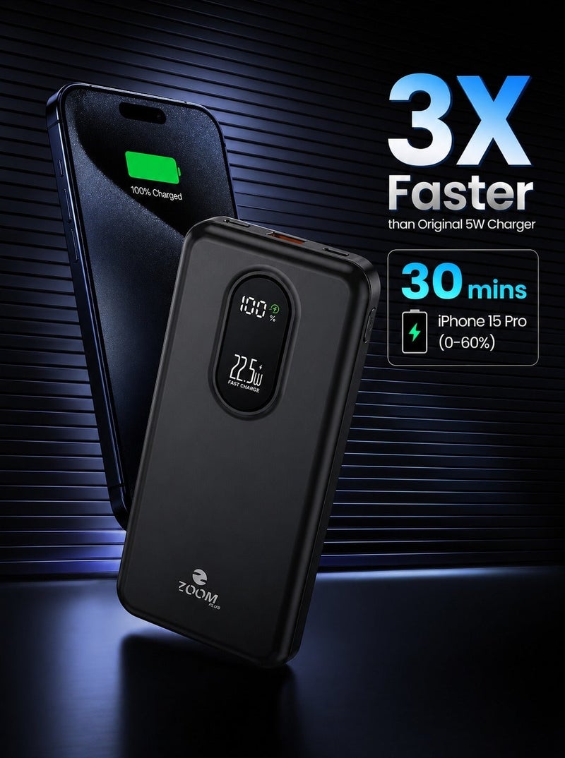 ZOOM PLUS ZP888 Economia Power Bank 10000mAh PD 22.5W Fast Charging with LED Digital Display, Slim Portable Powerbank for Smartphones, Tablets & USB Devices - Image 3