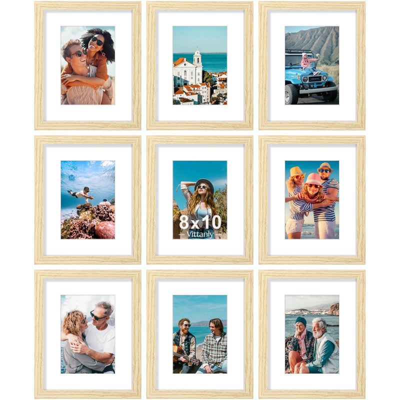 مجموعة إطارات صور فيتانلي 8x10 من 9 قطع مقاومة للكسر من الزجاج الأكريليكي لعرض صور 5x7 مع إطار أو 8x10 بدون إطار لإطارات الصور للجدران أو الطاولات من الخشب الهندسي البلوط