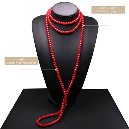 Aisansty Red Long Pearl Necklace for Women Layered Faux Pearls Strand Necklace Costume Jewelry, 69",Diameter Pearl 8MM - Image 2