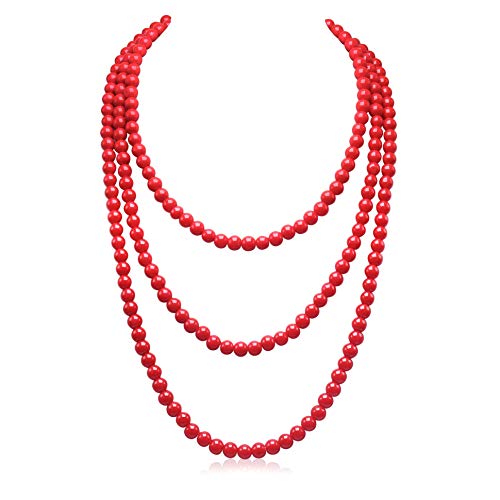 Aisansty Red Long Pearl Necklace for Women Layered Faux Pearls Strand Necklace Costume Jewelry, 69",Diameter Pearl 8MM - Image 1