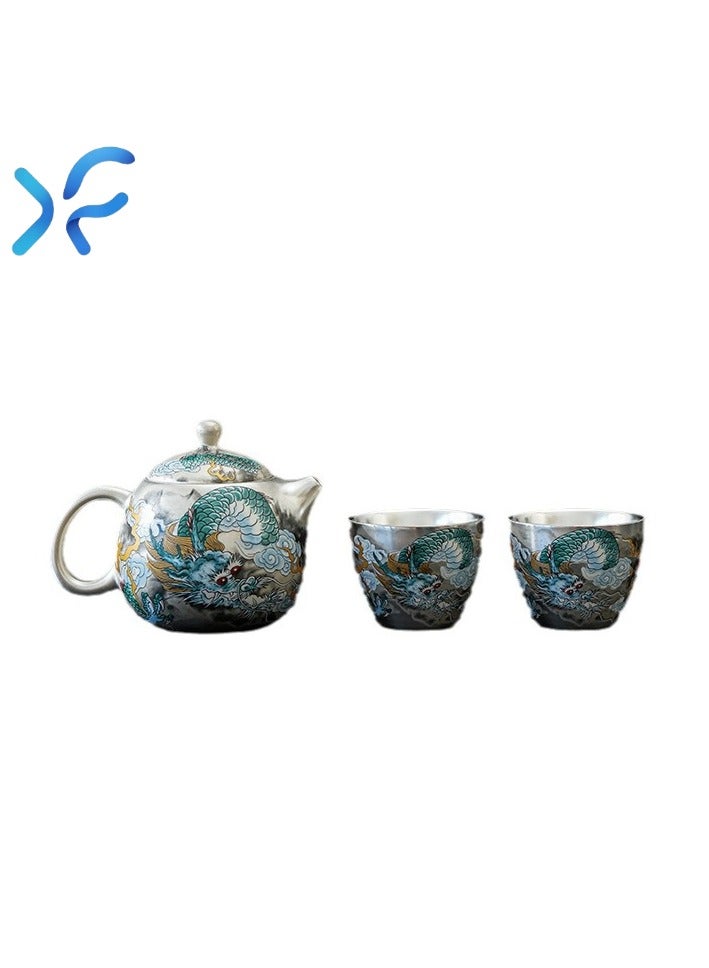  إكس إف إكسينغفو طقم شاي فاخر عتيق من دزهوا بتصميم تنين مطلي بالفضة (مصنوع يدوياً): - Image 1