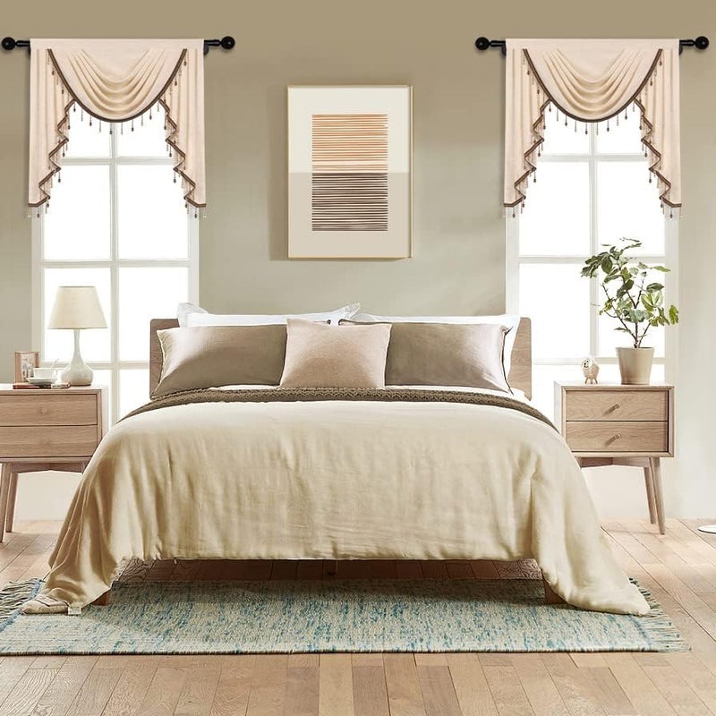 ELKCA Thick Chenille Window Curtains Valance for Living Room Beige Swag Valance with Beads for BedroomRod Pocket W39inch1 Panel - Image 2