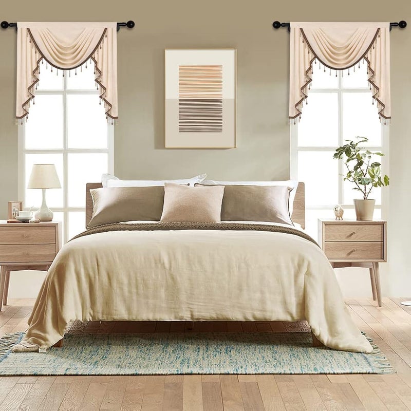 ELKCA Thick Chenille Window Curtains Valance for Living Room Beige Swag Valance with Beads for BedroomRod Pocket W39inch1 Panel - Image 1