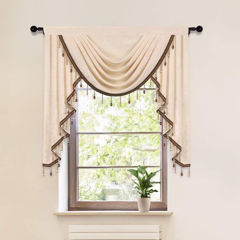 ELKCA Thick Chenille Window Curtains Valance for Living Room Beige Swag Valance with Beads for BedroomRod Pocket W39inch1 Panel - Image 3