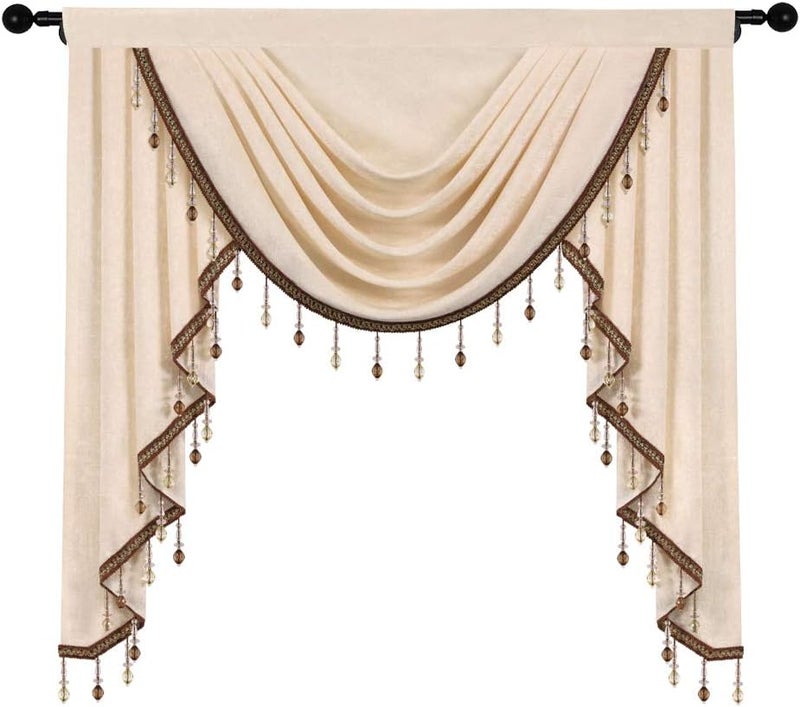 ELKCA Thick Chenille Window Curtains Valance for Living Room Beige Swag Valance with Beads for BedroomRod Pocket W39inch1 Panel - Image 4
