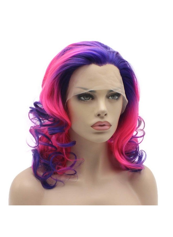 Lushy Shoulder Length Two Tone Purple Rose Red Ombre Wig Heat Friendly Heavy Density Synthetic Lace Front Wig - Image 3