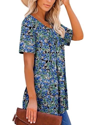 ROSELINLIN Summer Tops for Women Blue Green Floral Black Short Sleeve V Neck Shirts Loose Fit XXL - Image 3
