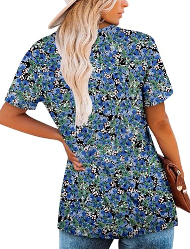 ROSELINLIN Summer Tops for Women Blue Green Floral Black Short Sleeve V Neck Shirts Loose Fit XXL - Image 4