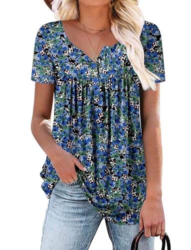 ROSELINLIN Summer Tops for Women Blue Green Floral Black Short Sleeve V Neck Shirts Loose Fit XXL - Image 1